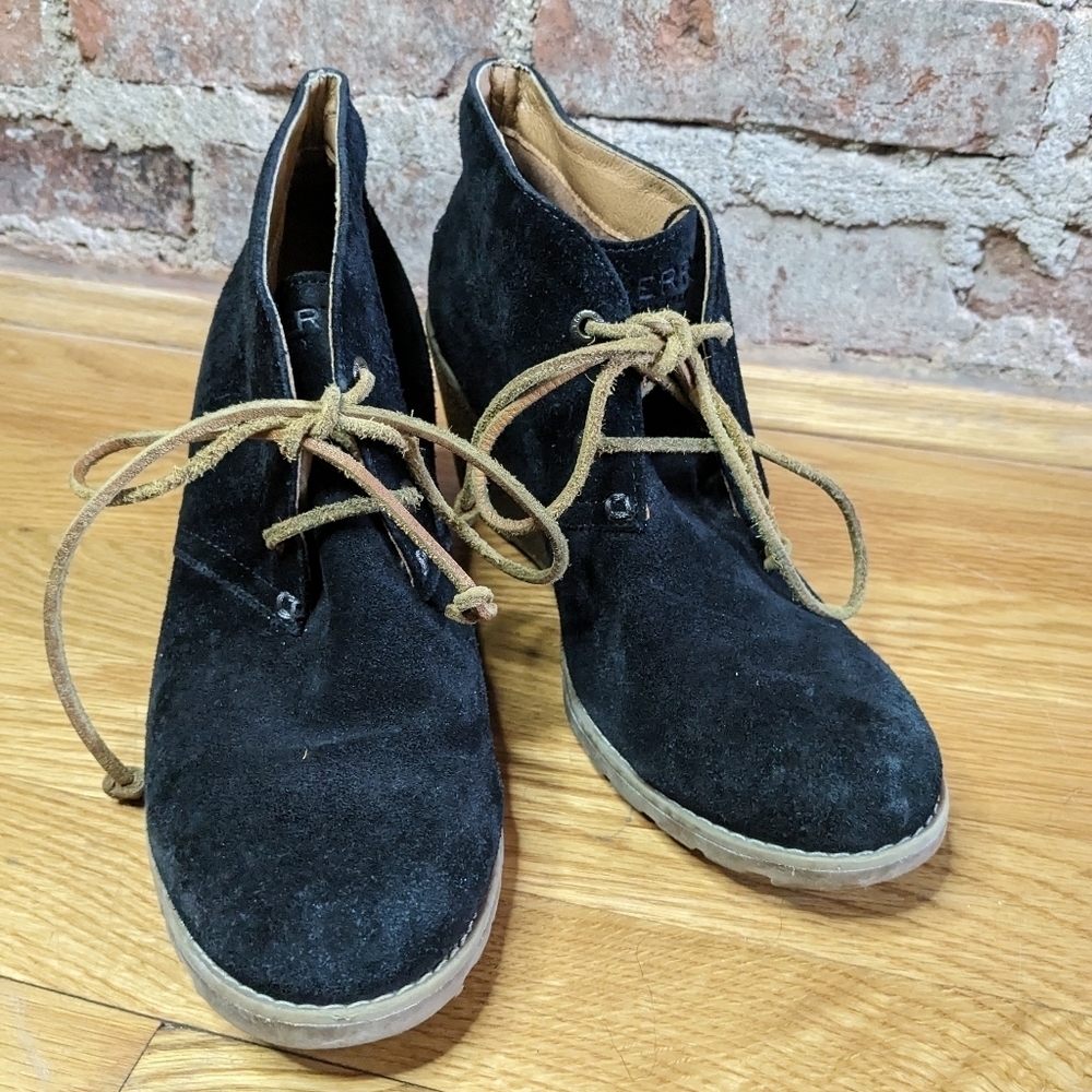 Sperry Size 9 Black Leather Suede Lace Up‎ Wedge Booties
